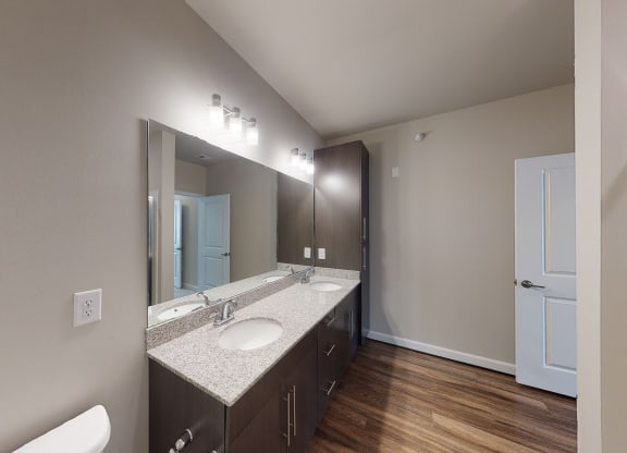 Bathroom with dual sinks, dark cabinets, toilet and walk-in shower