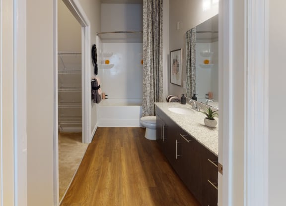 Bathroom with sink, toilet, shower and tub; walk-in closet