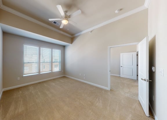 Living room with carpet; ceiling fan; open to ktichen