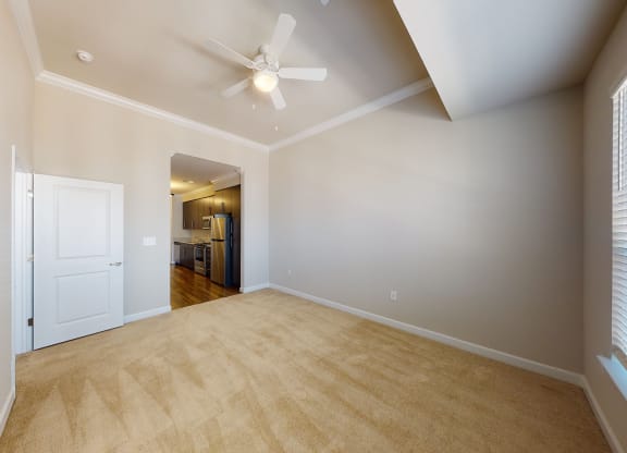 Living room with carpet; ceiling fan; open to ktichen