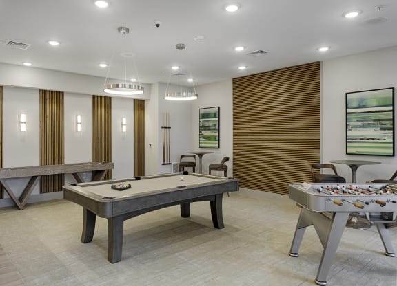 Game room with foosball table, billiards, shuffleboard, flat screen TV
