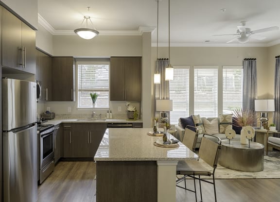 Kitchen with dark cabinets, granite countertops, vinyl wood plank floors; island; open to living room