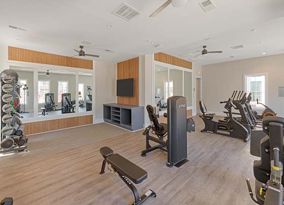 A gym with a variety of equipment including treadmills, weights, and a television.