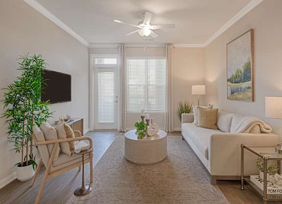 A living room with a white sofa, a wooden chair, a plant, and a painting on the wall.