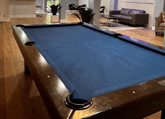 A pool table in a room with a couch and plants in the background.