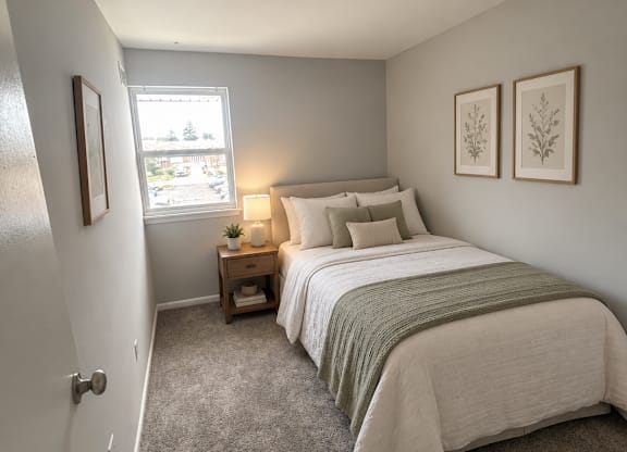A bedroom with a bed, nightstand, and two framed pictures on the wall.