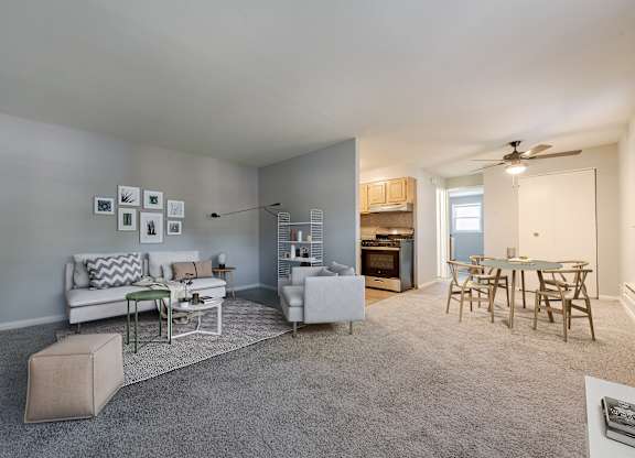A living room with a white couch and a grey rug.