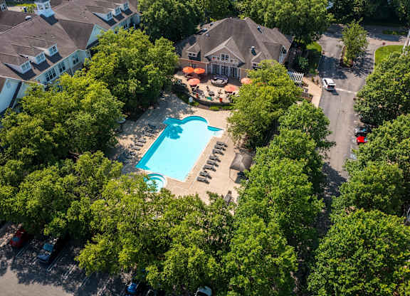 A swimming pool surrounded by trees and houses.