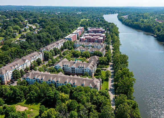 A river flows through a city with apartment buildings on the left and a forest on the right.
