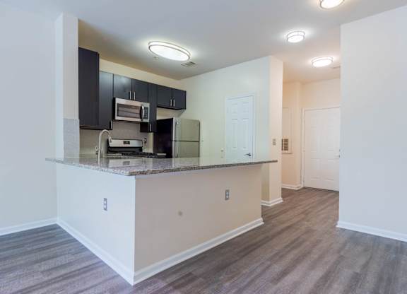 A kitchen area with a counter and cabinets.
