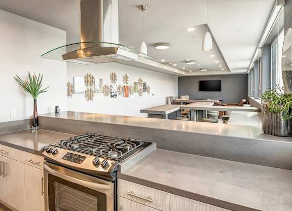 A modern kitchen with a stove top oven and a range hood.
