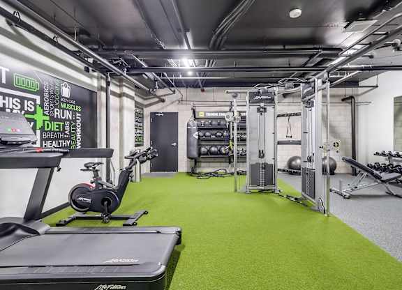A gym with a green floor and a variety of equipment.