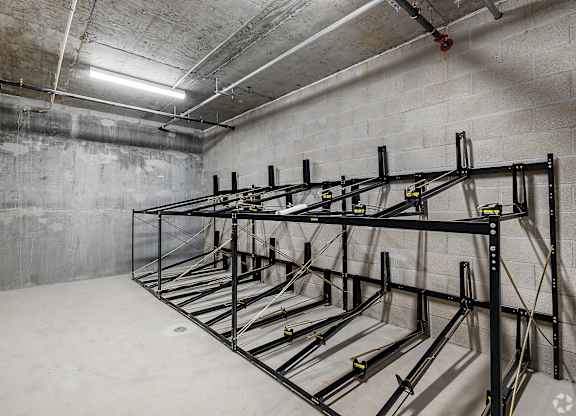 A storage room with a metal rack system.