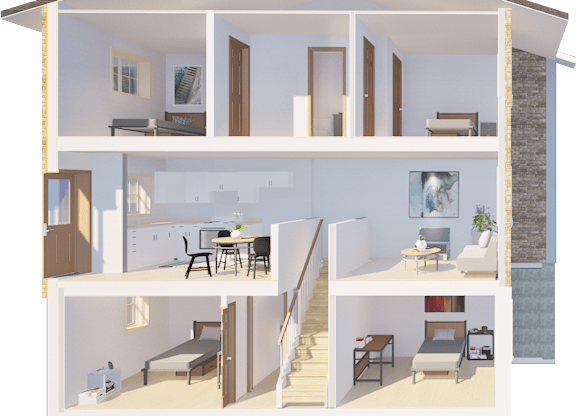 A 3D rendered image of a modern house interior.