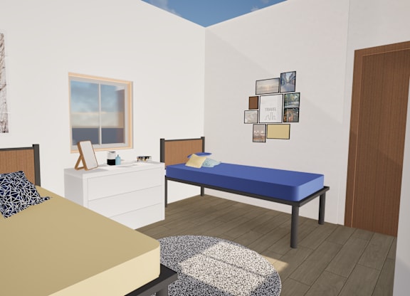 A bedroom with a bed, nightstand, and a bench.