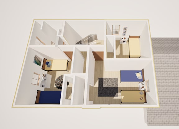 A 3D floor plan of a house with a kitchen, living room, and two bedrooms.