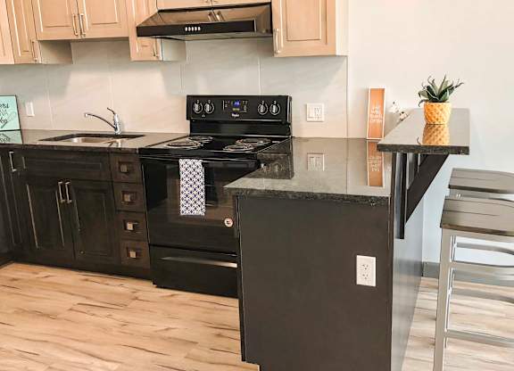 A black stove top oven with a pineapple on the counter.