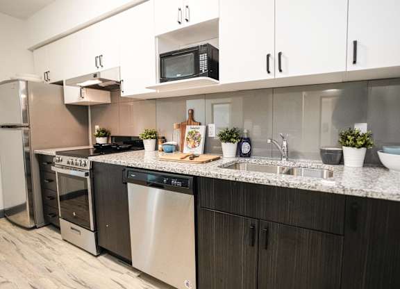 A modern kitchen with a stainless steel dishwasher and a microwave above the sink.