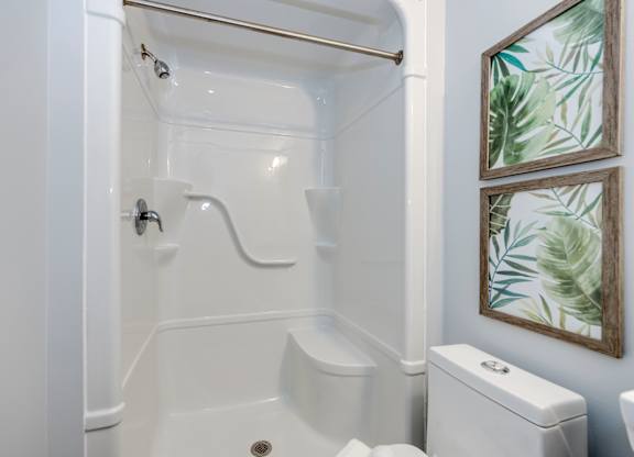 A white bathroom with a shower, toilet, and two framed pictures on the wall.