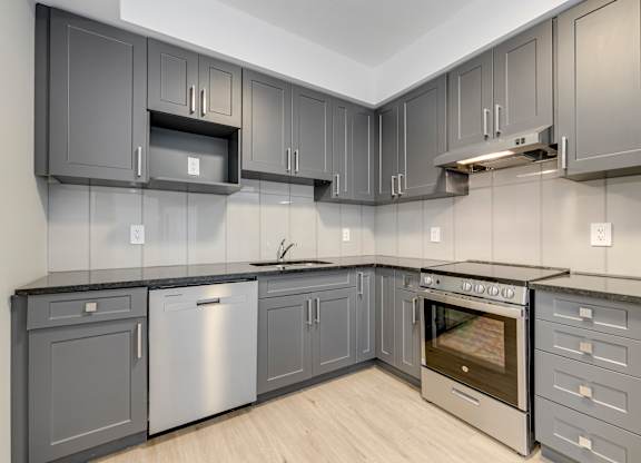 A modern kitchen with grey cabinets and stainless steel appliances.