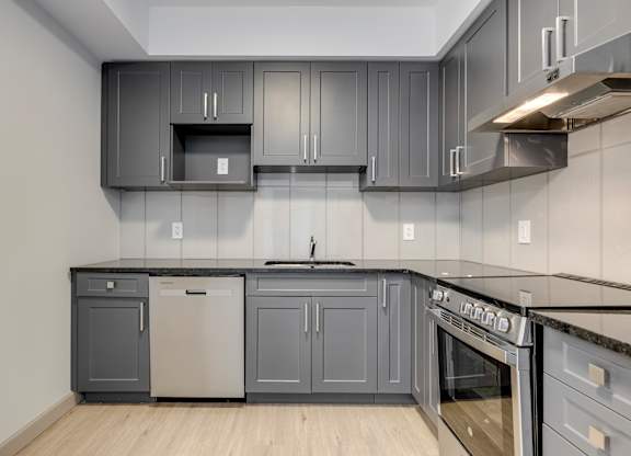 A kitchen with a stainless steel oven and a dishwasher.