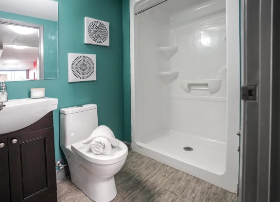 a bathroom with a shower and a toilet and a sink
