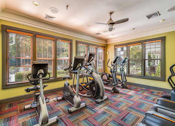 the gym has a slew of exercise bikes and windows