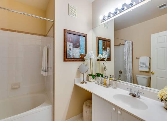 a bathroom with a sink and a tub and a mirror
