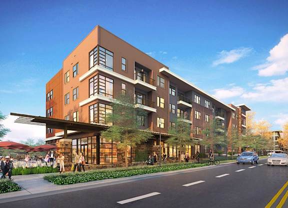 a rendering of an apartment building on a city street