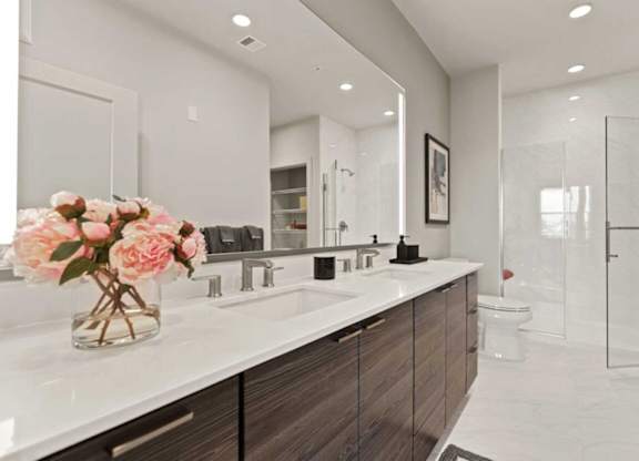 a bathroom with a sink and a mirror and a shower