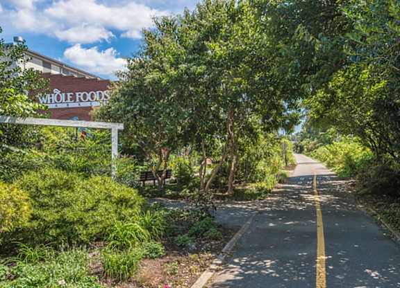 a road with trees and a building on the side of it