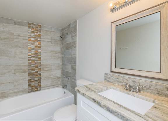 a bathroom with a tub and a sink and a mirror