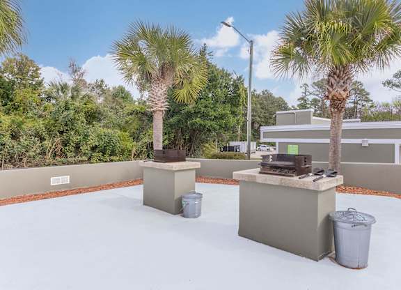 a patio with two gas grills and palm trees