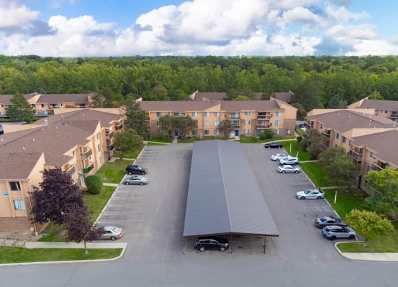 Community View with Carports at Franklin River Apartments, Southfield, MI 48034