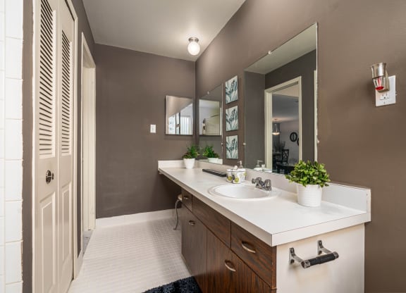 Ample Counter Space in Modern Bathroom at Knottingham Apartments in Clinton Township, MI