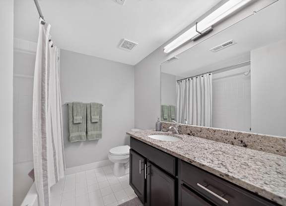 Modern bathroom with large vanity mirror and tub/shower at Lakeside Village Apartments in Clinton Township, MI