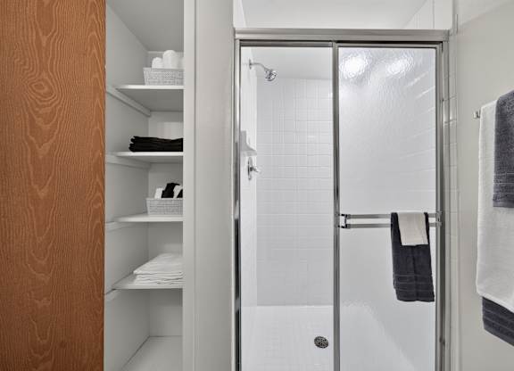 Walk-in shower at Franklin River Apartments in Southfield, MI.