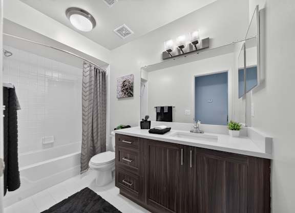 Modern bathroom with bathtub at Franklin River Apartments in Southfield, MI.