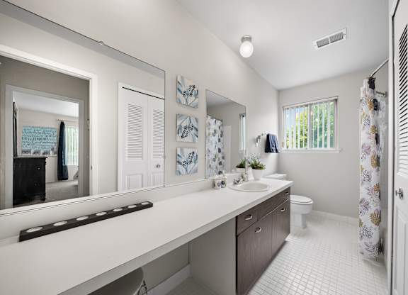 Elevated bathroom with ample storage space at Knottingham Apartments in Clinton Township, MI.