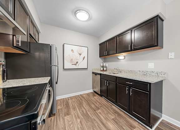 Spacious Kitchen  with stainless steel appliances and dark cabinets at Lakeside Village Apartments Clinton Township, MI