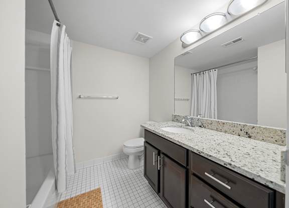 Modern bathroom with large vanity mirror and tub/shower at Lakeside Village Apartments in Clinton Township, MI