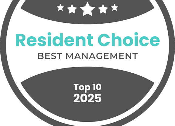 A badge-like graphic with the text "opinion Resident Choice BEST MANAGEMENT Top 10 2025".