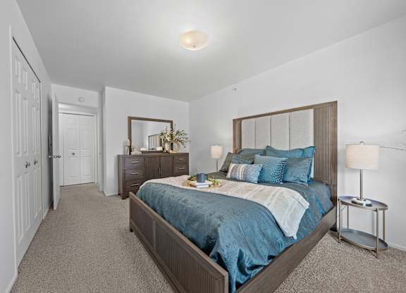 Bedroom with Ample storage space at Prentiss Pointe Apartments in Harrison Township, MI
