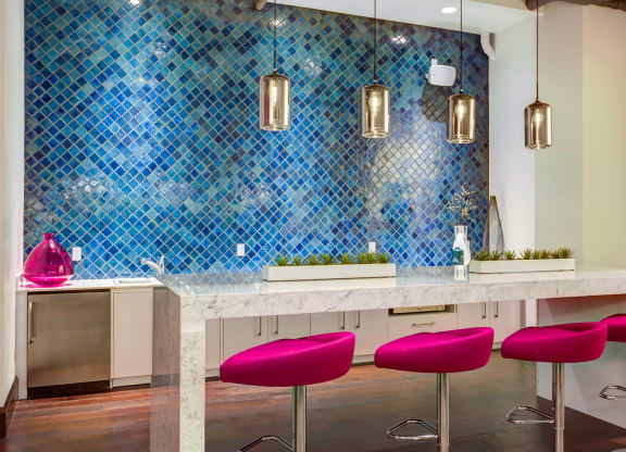 Blue wall clubroom at Arcade Artist Apartments, St Louis, 63101