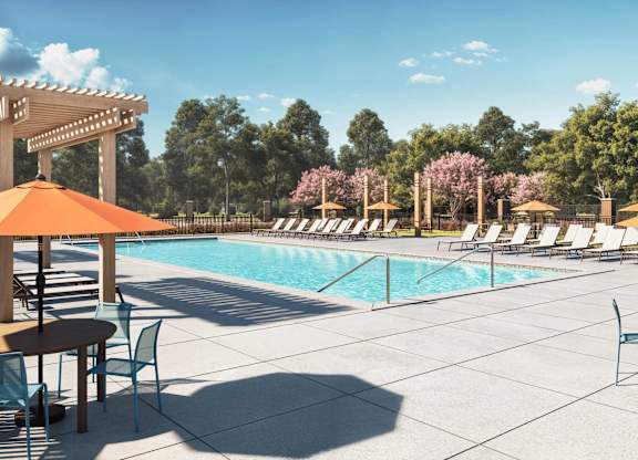 A pool area with chairs and umbrellas on a sunny day at Sage at Franklin Park Apartment , Texas