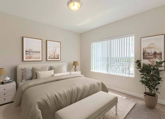 A bedroom with a large bed, a nightstand with a lamp, a bench, and three pictures on the wall. at Avery Landing Apartments, Greenville