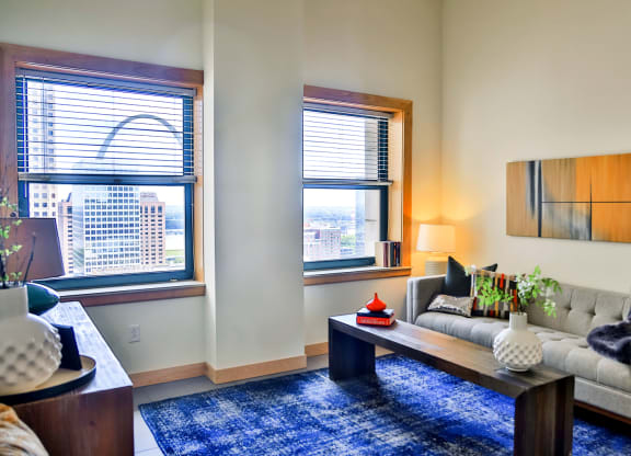 Living room with specious window at Arcade Apartments, St Louis, 63101