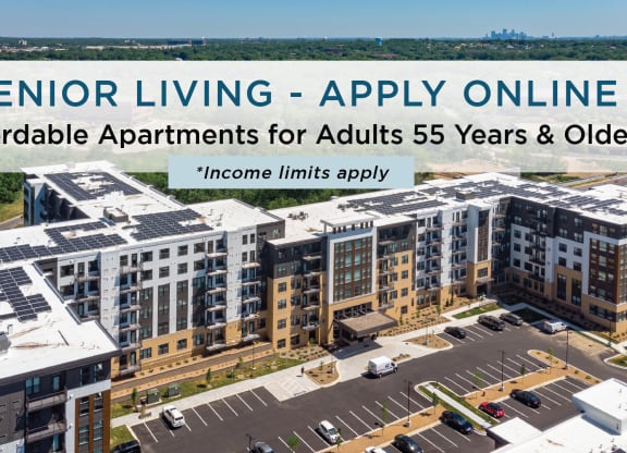 Dominium_Bren Road Station_Aerial  Exterior at Bren Road Station 55+ Apartments, Minnetonka, MN_With Affordable and Senior Housing Banner Text