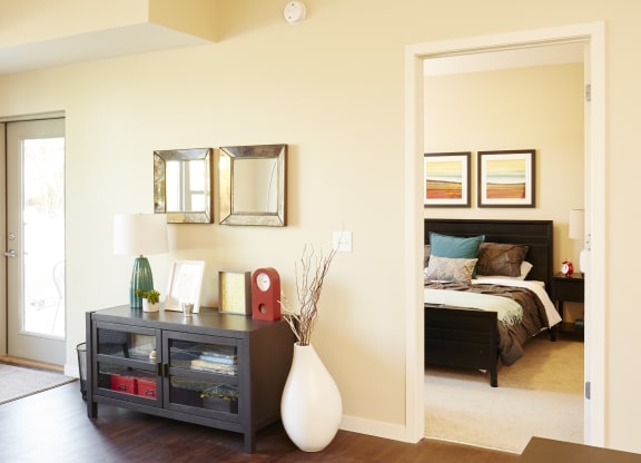 Living Room and Bedroom at The Cambric Senior Apartments, St. Paul, MN