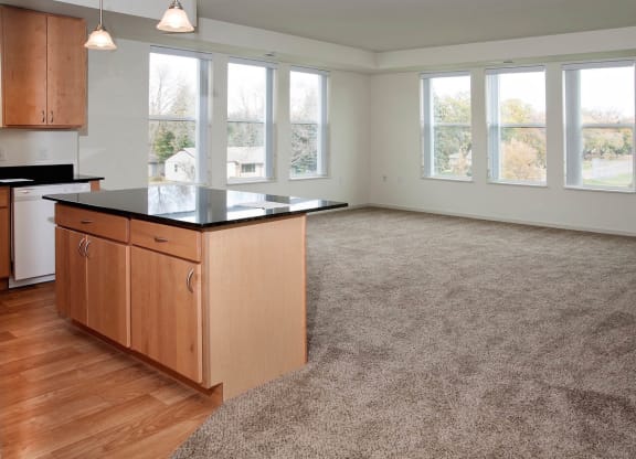 Living Room With Kitchen at The Cavanagh 55+ Apartments, Crystal Minnesota